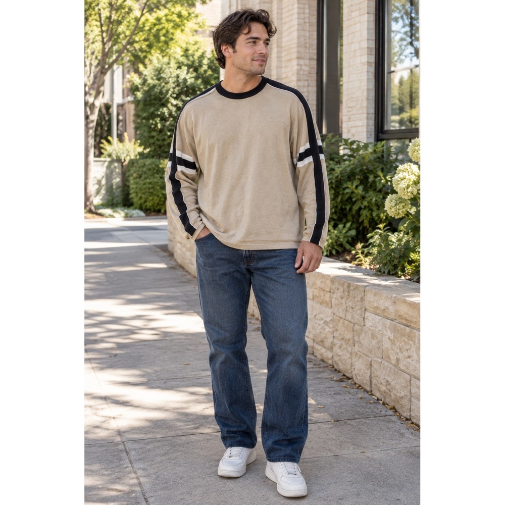 Joe Boxer Sweater Beige Black White Striped Long Sleeve Knit Top Men's XL Retro